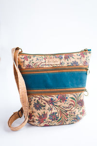 A2-3 Zip Crossbody Handbag in Teal Stripe and Floral Print