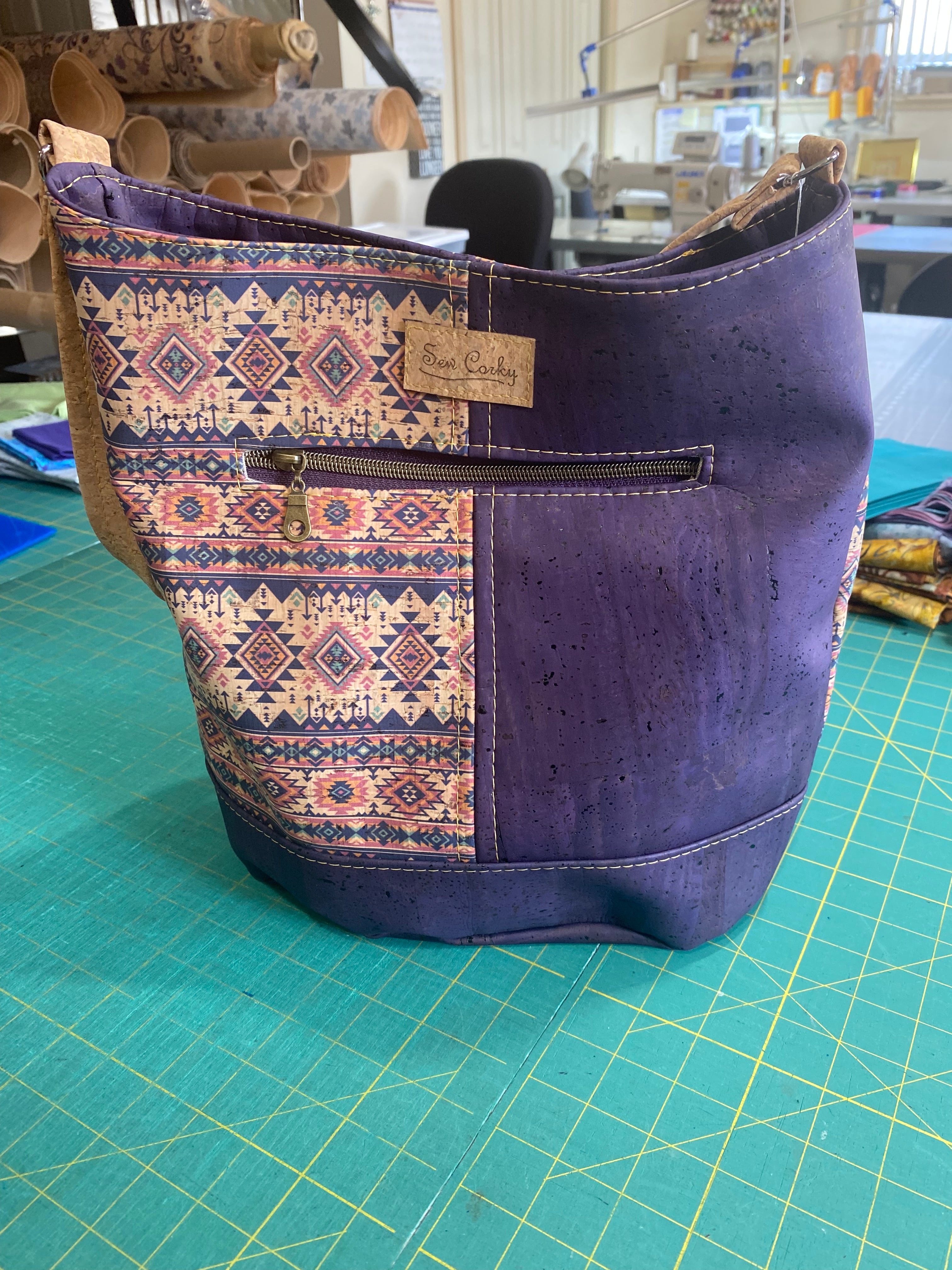 F7- The Norah Bucket in All Cork Fabric Aztec an Eggplant