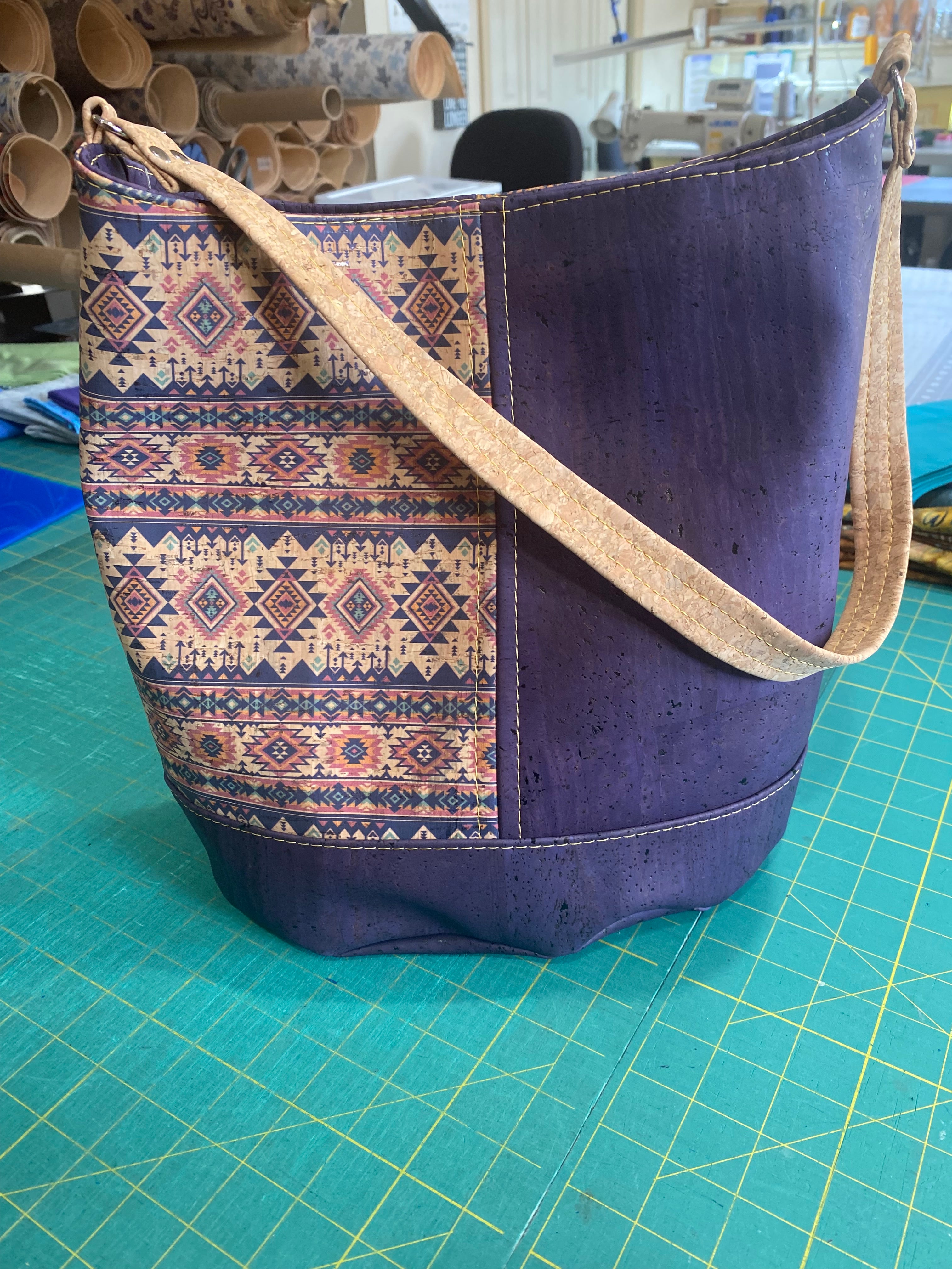 F7- The Norah Bucket in All Cork Fabric Aztec an Eggplant