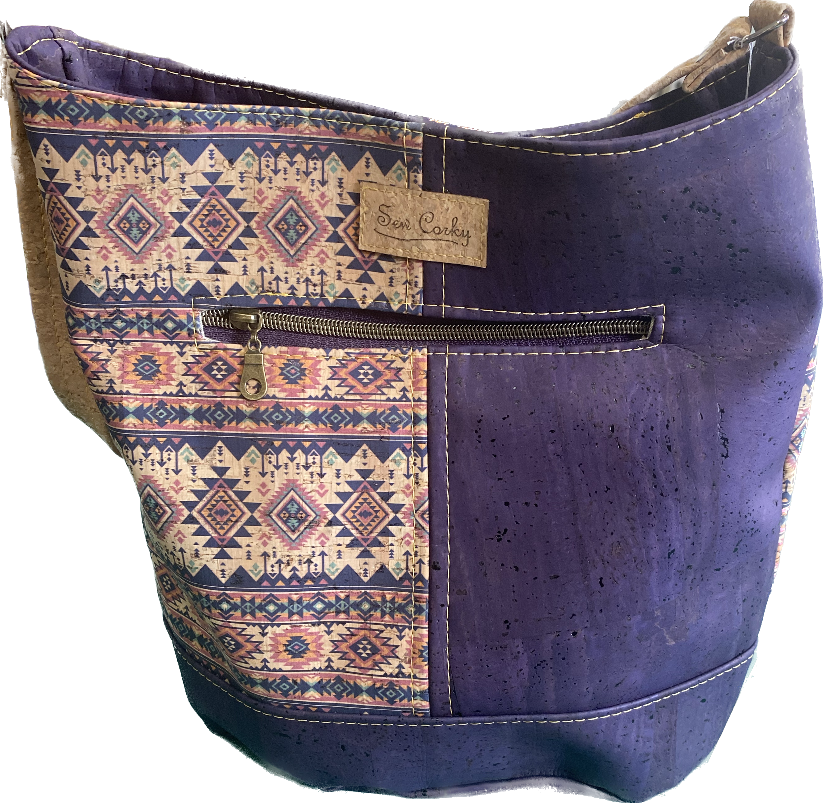 F7- The Norah Bucket in All Cork Fabric Aztec an Eggplant