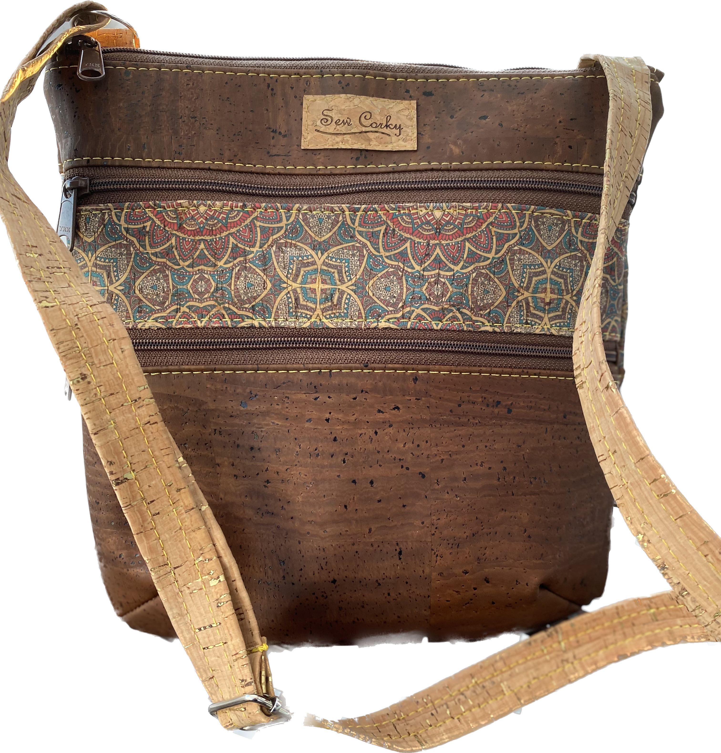 A9-3 Zip Crossbody Cork Handbag in Dark Brown and Medallion Pattern