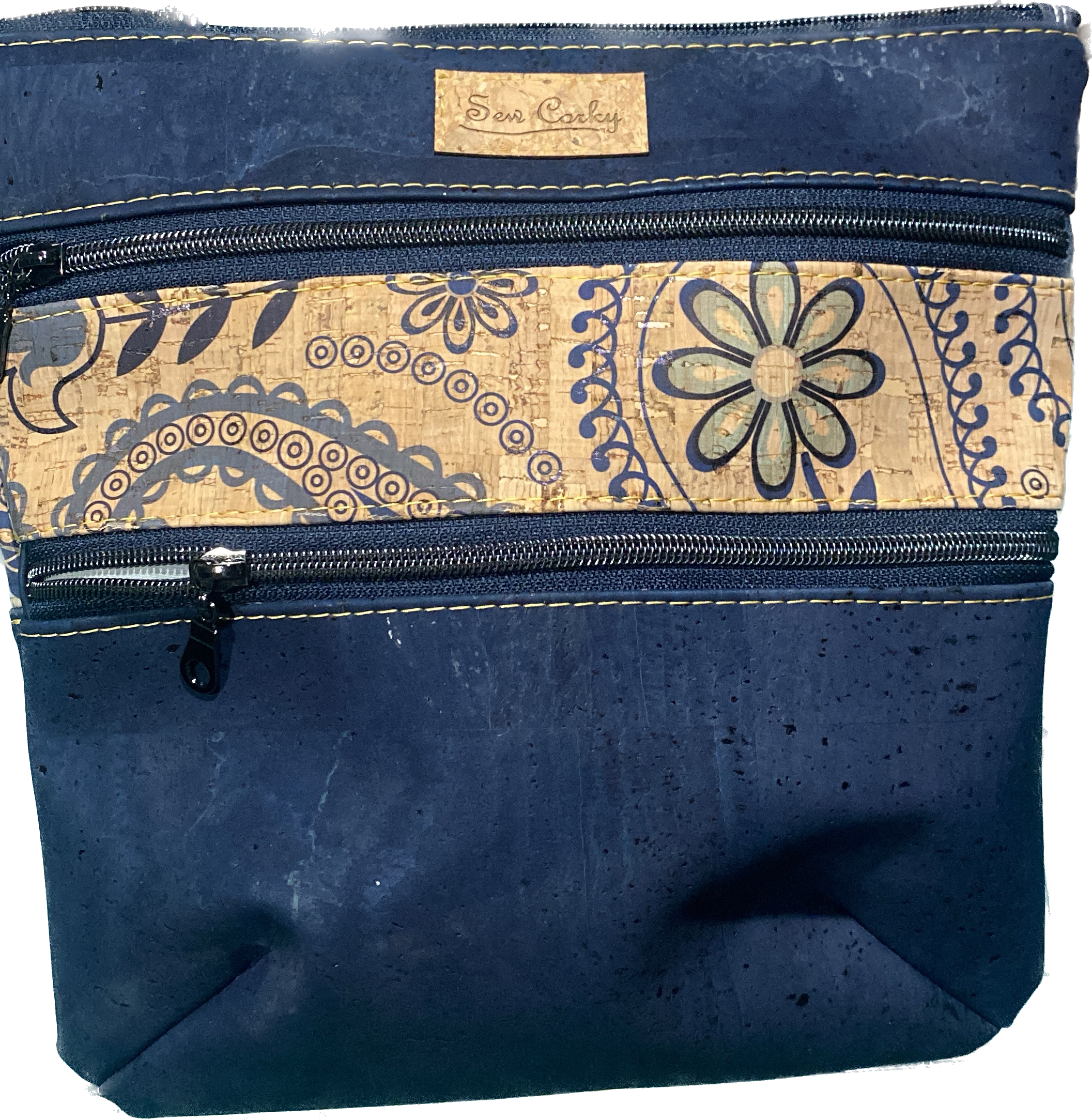 A7-3 Zip Crossbody Cork Handbag in Dark Blue and Paisley Pattern