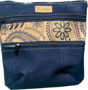 A7-3 Zip Crossbody Cork Handbag in Dark Blue and Paisley Pattern