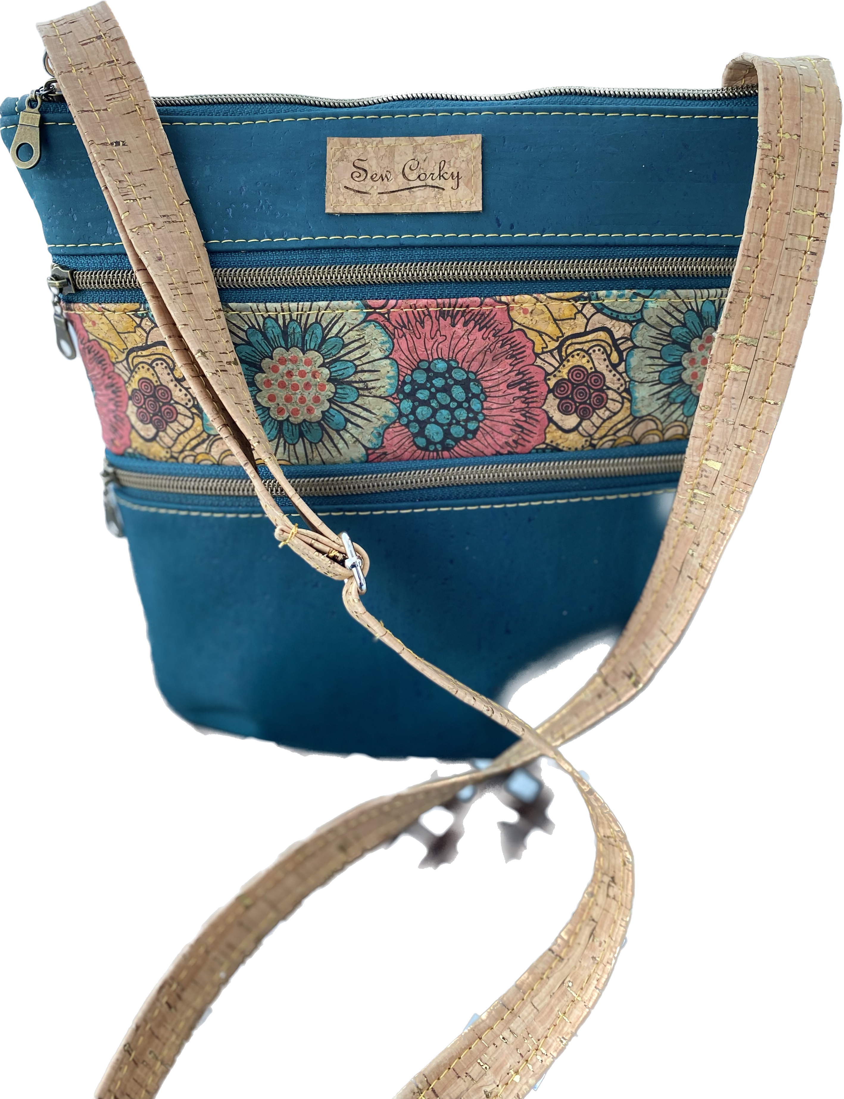 A8-3 Zip Crossbody Cork Handbag in Teal and Spring Flower Pattern