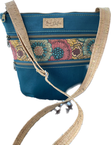 A8-3 Zip Crossbody Cork Handbag in Teal and Spring Flower Pattern