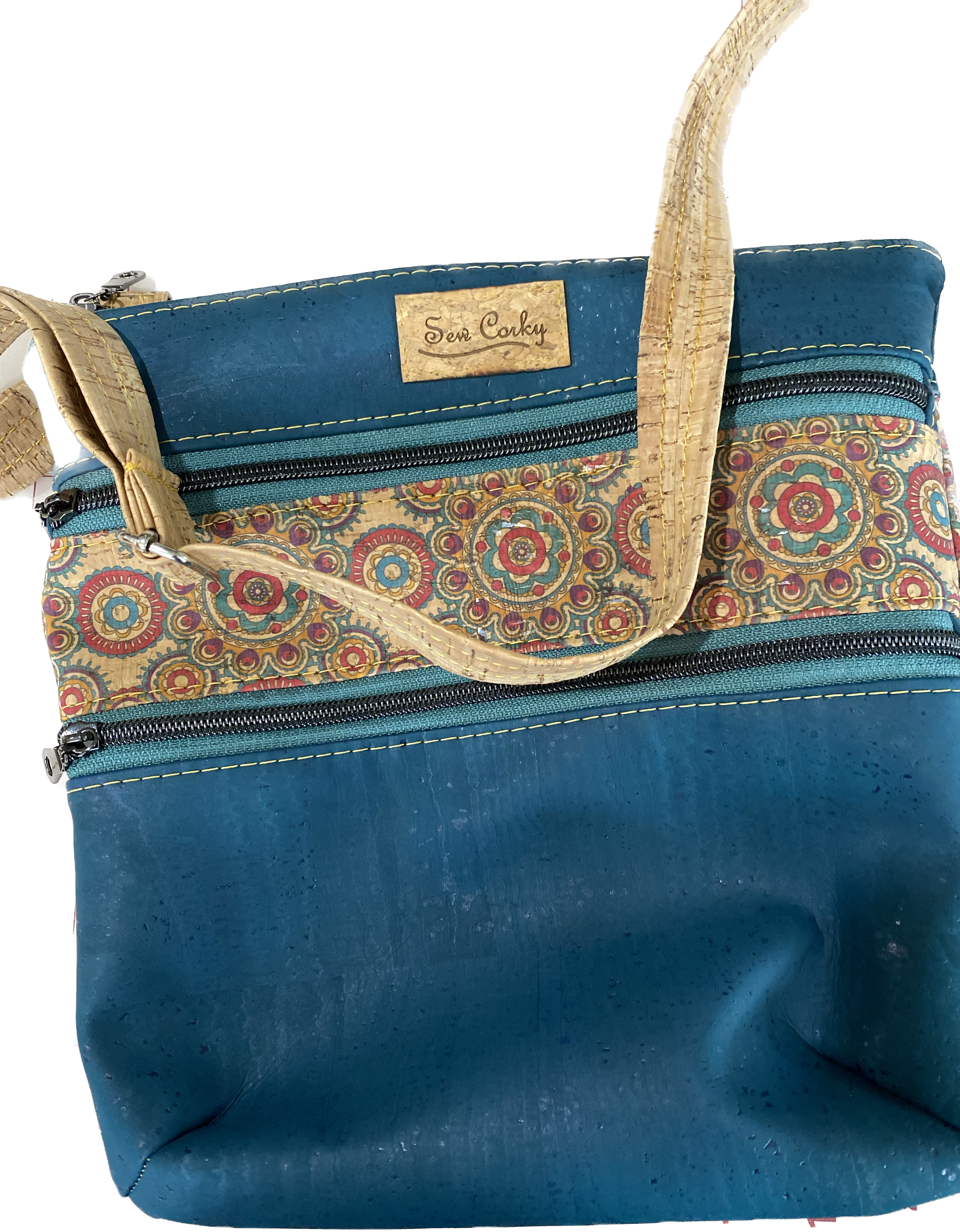 A4-3 Zip Crossbody Handbag in Teal and Geometric Print