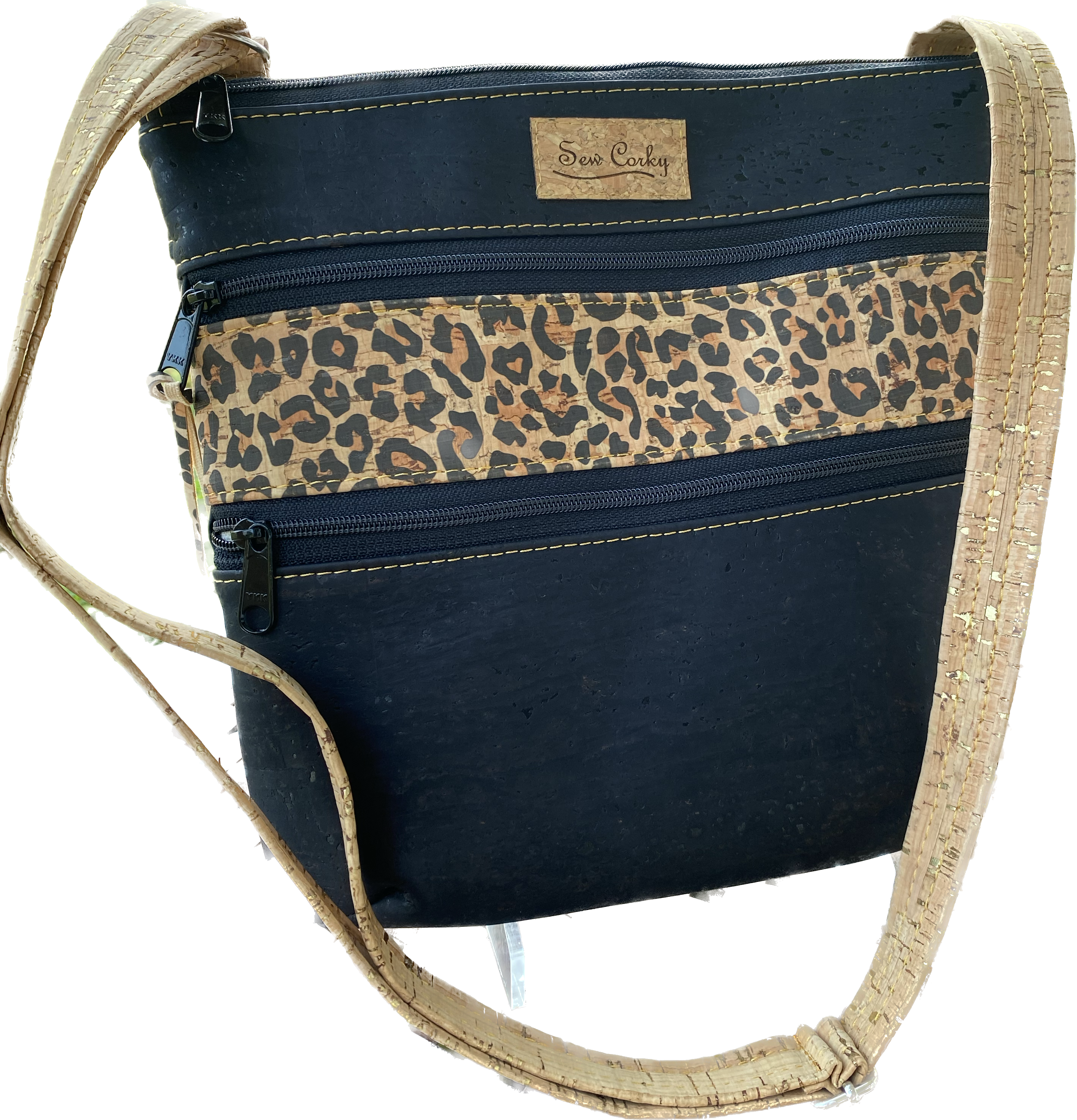 A3-3 Zip Crossbody Handbag in Solid Black an Leopard Print