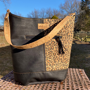 F9-The Norah Bucket Handbag in Leopard and Black Cork
