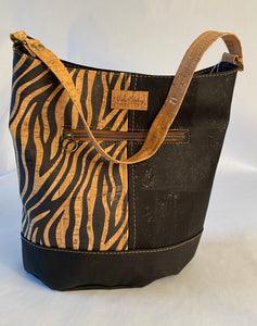 F6-The Norah Bucket Cork Handbag in Solid Black / Zebra Stripe