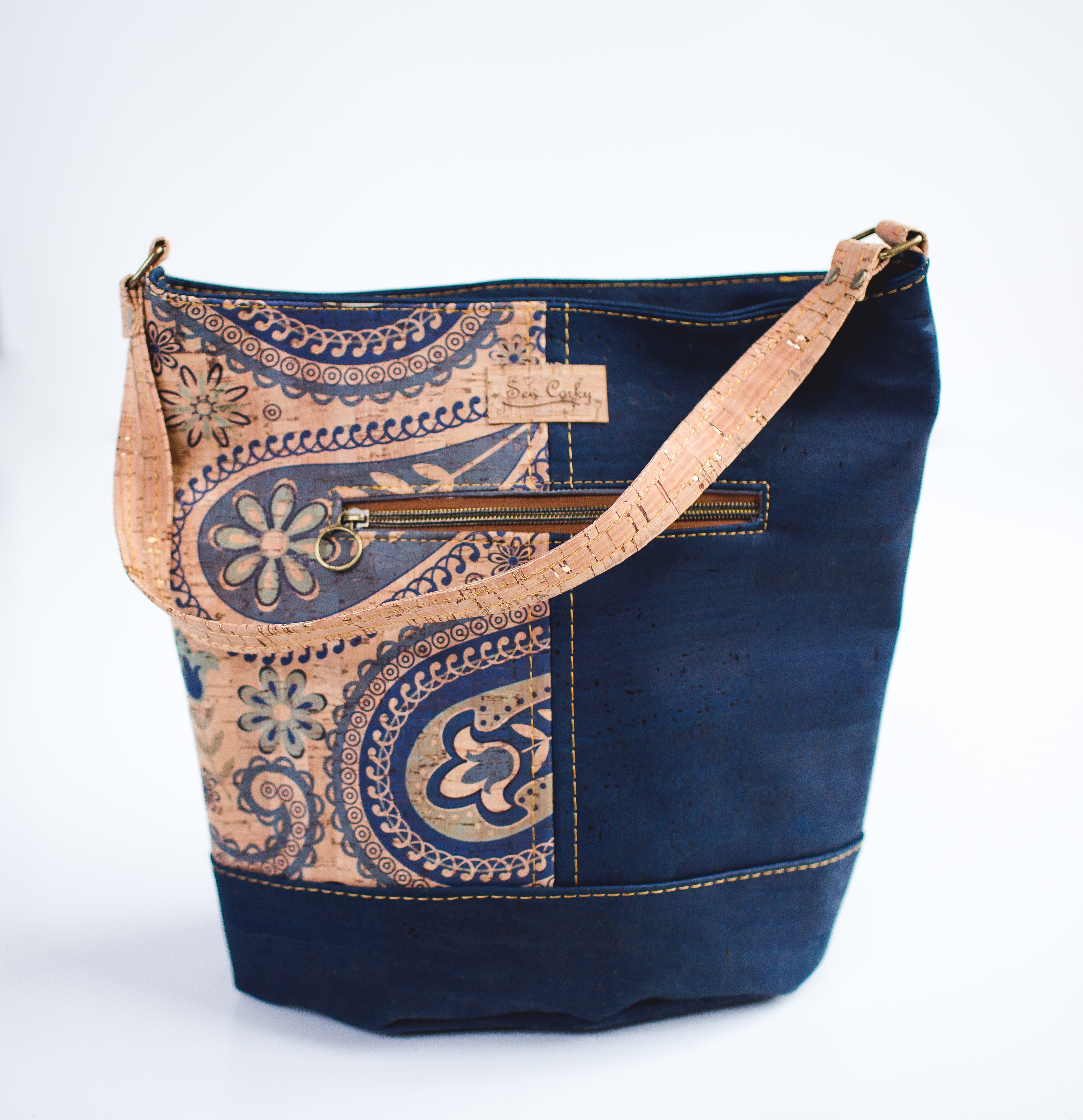 FF10-The Norah Bucket Handbag in Navy Blue and Paisley - All Cork Handbag