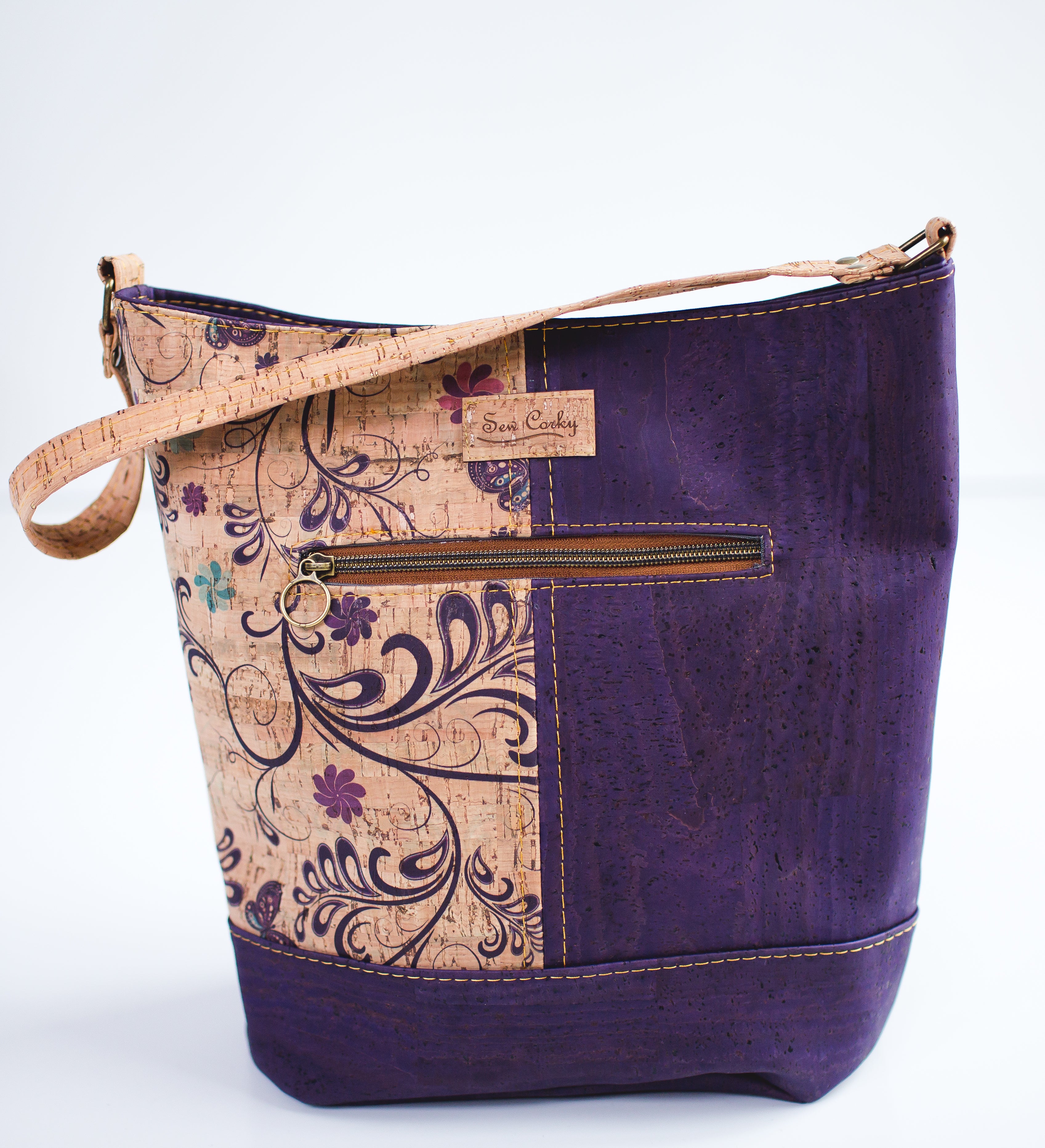 F4-The Norah Bucket Cork Handbag in Eggplant and Butterfly Print