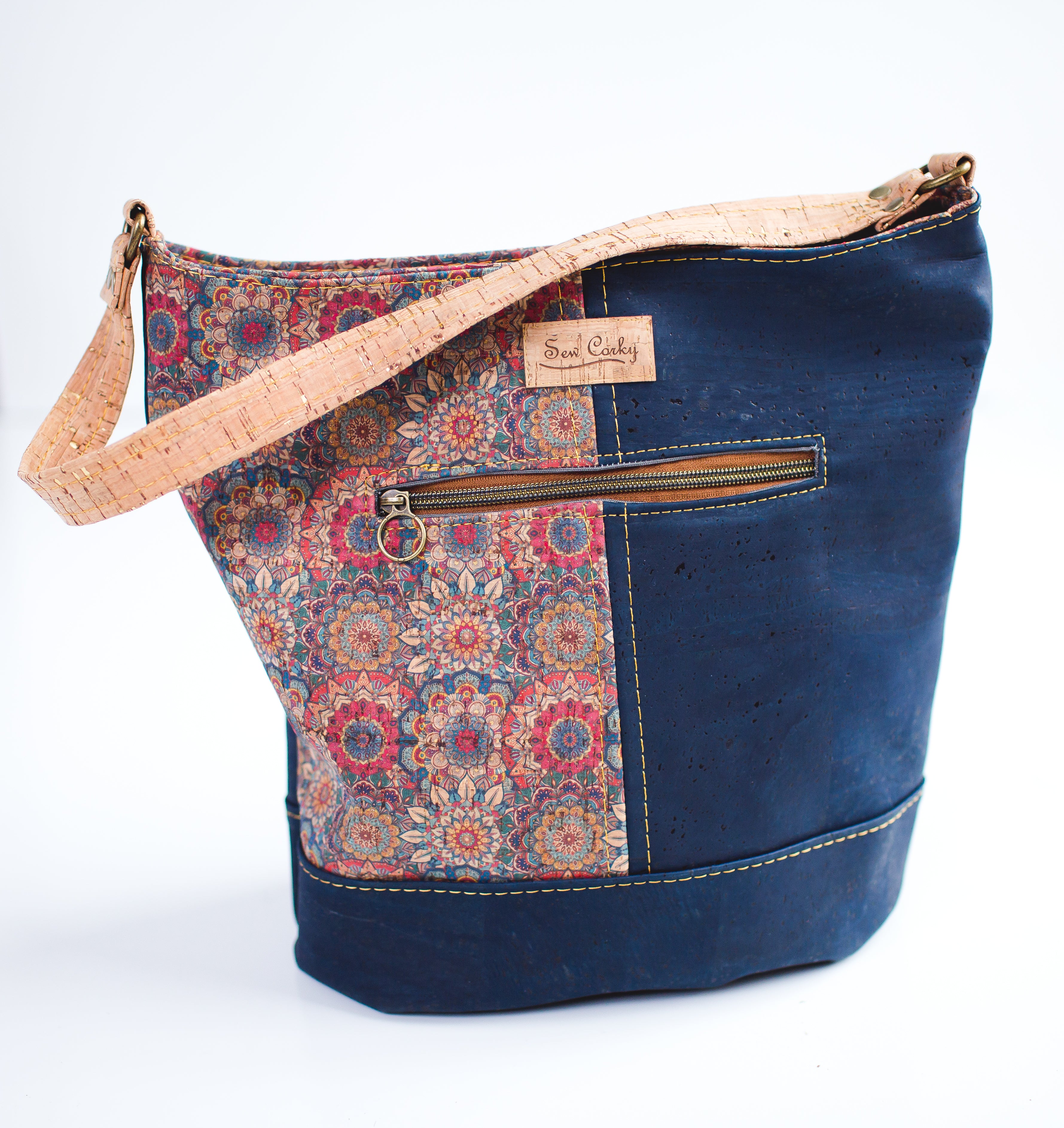 FF11-The Norah Bucket Handbag in Navy Blue and Red Floral Print