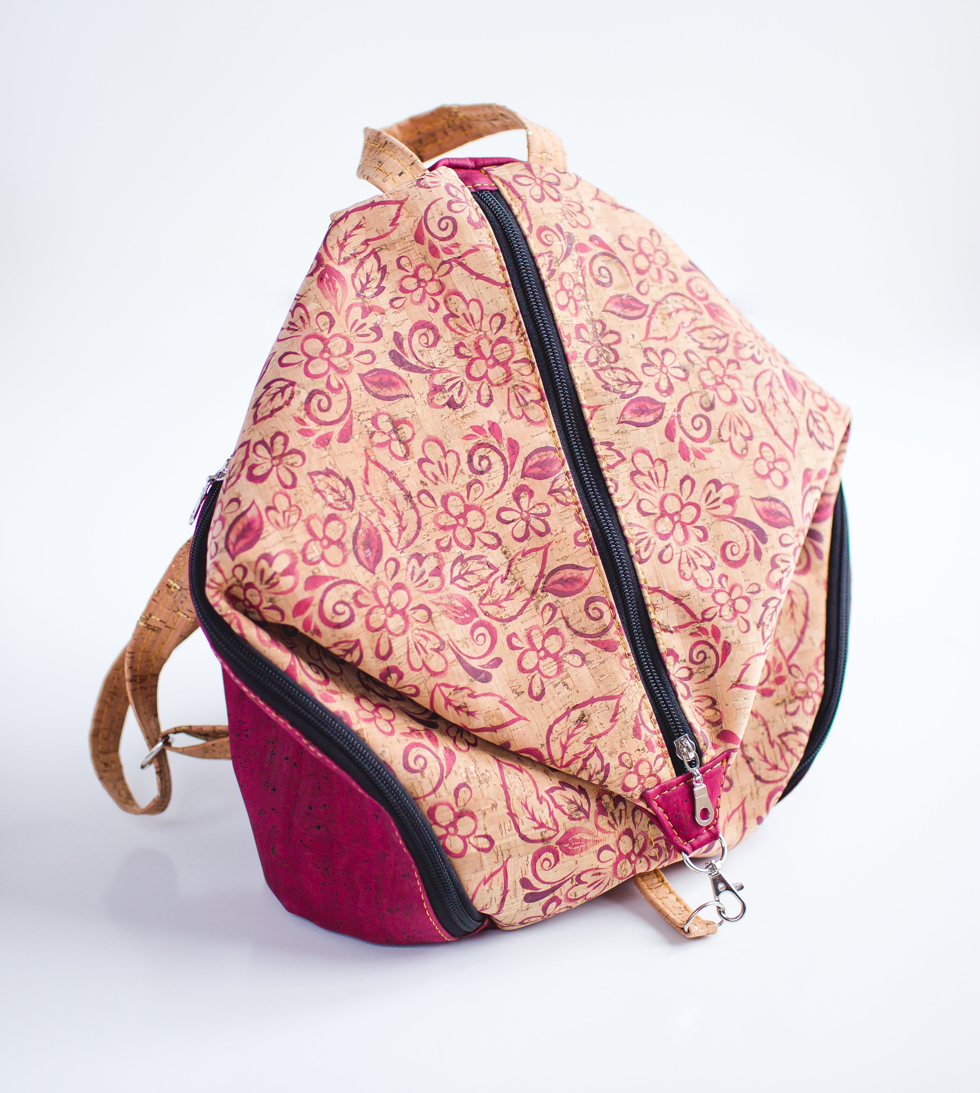 H2-Large Wesley Backpack in Red Vintage Floral and Dark Maroon Cork Backpack Purse