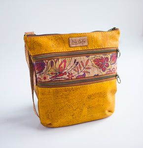 A1-3 Zip Crossbody Cork Handbag in Mustard and Butterfly Print