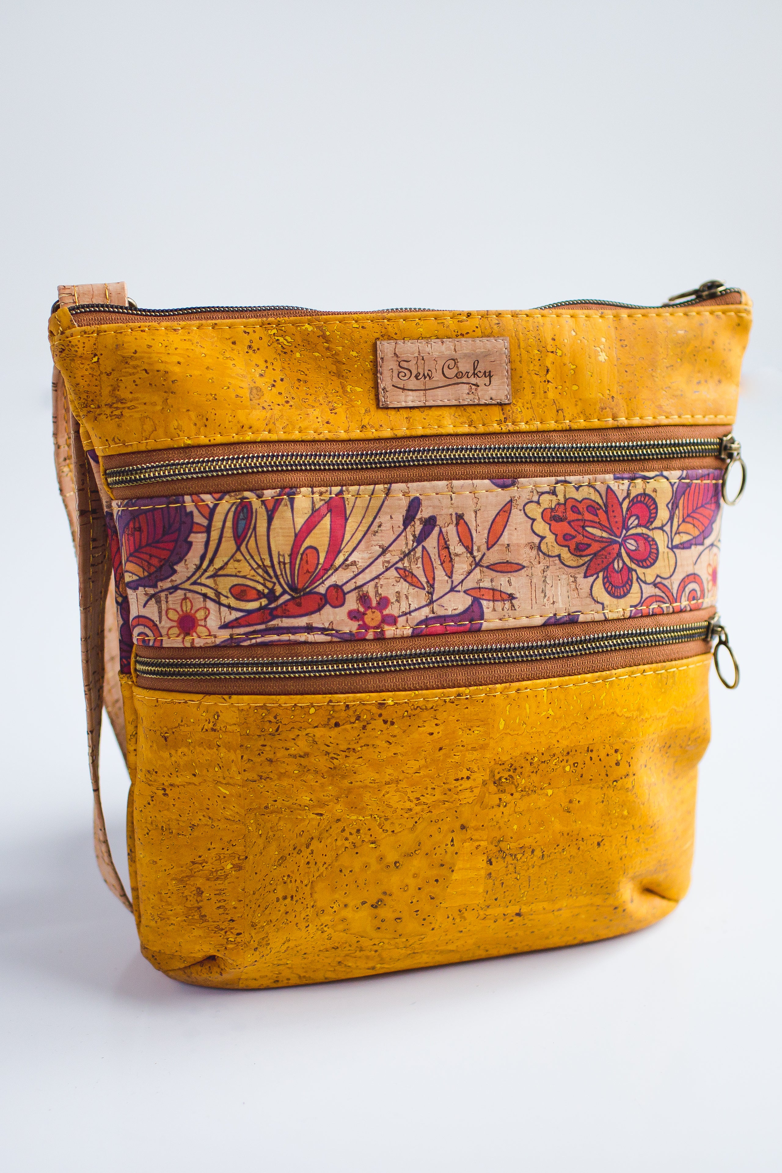 A1-3 Zip Crossbody Cork Handbag in Mustard and Butterfly Print
