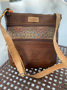 A9-3 Zip Crossbody Cork Handbag in Dark Brown and Medallion Pattern