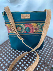 A8-3 Zip Crossbody Cork Handbag in Teal and Spring Flower Pattern