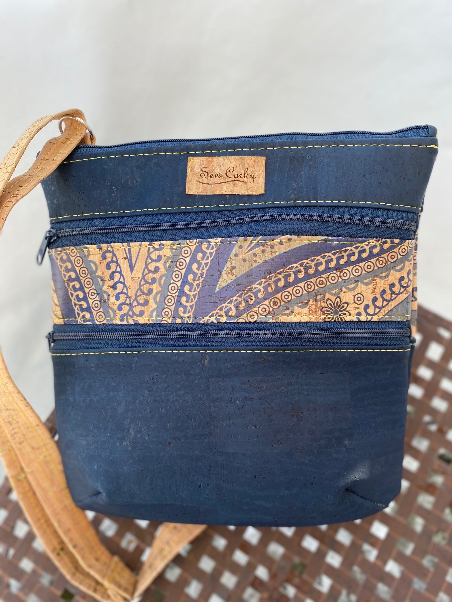 A7-3 Zip Crossbody Cork Handbag in Dark Blue and Paisley Pattern