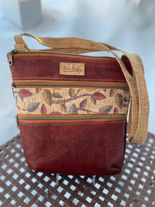 A5-3 Zip Crossbody Cork Handbag in Brick and Leaf Pattern